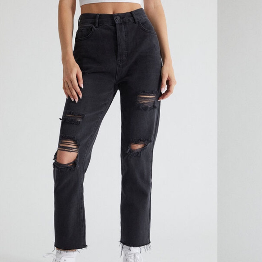 Pacsun High Rise Straight Leg Black Distressed Ripped Jeans Size 23